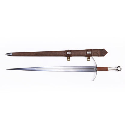 Medieval longsword front view - full tang stainless steel hilt leather scabbard
