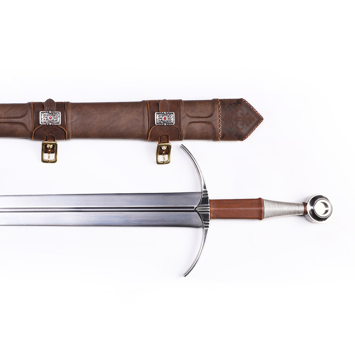 Medieval longsword leather scabbard detail - hand stitched sheath close-up