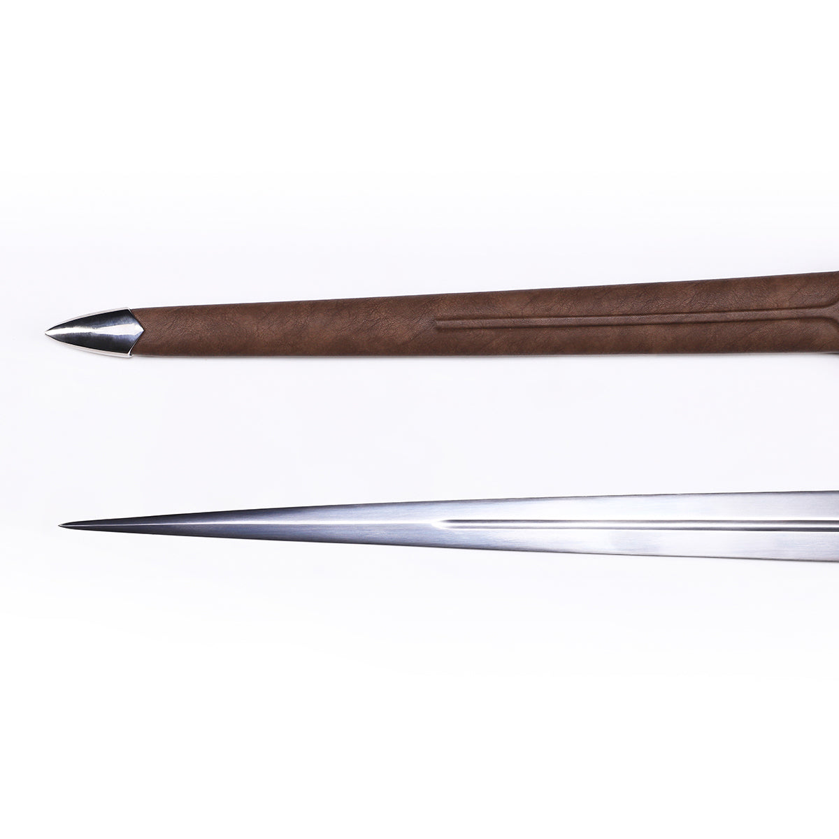 Medieval longsword tip detail - precision forged double-edged point