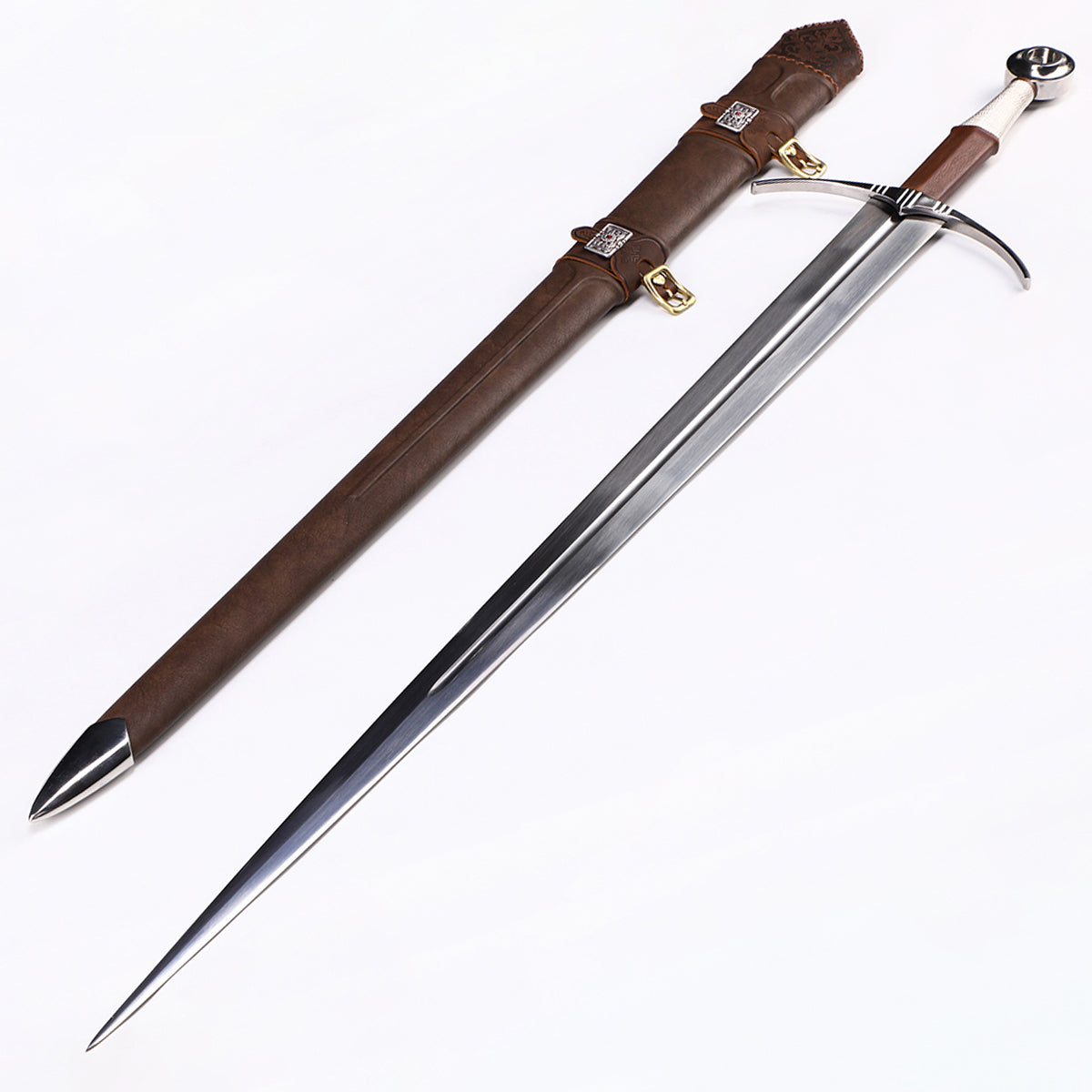 Medieval longsword angled view - blade curvature and fuller groove detail