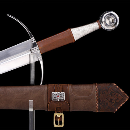 Medieval longsword crossguard detail - stainless steel quillon guard close-up