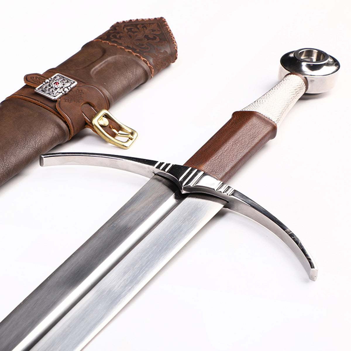 Medieval longsword fuller groove close-up - blade channel and edge geometry