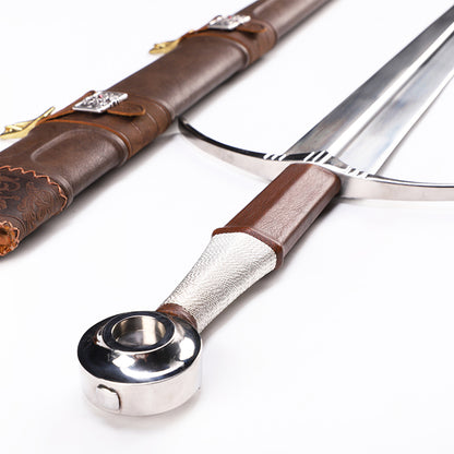 Medieval longsword pommel close-up - stainless steel pommel construction detail