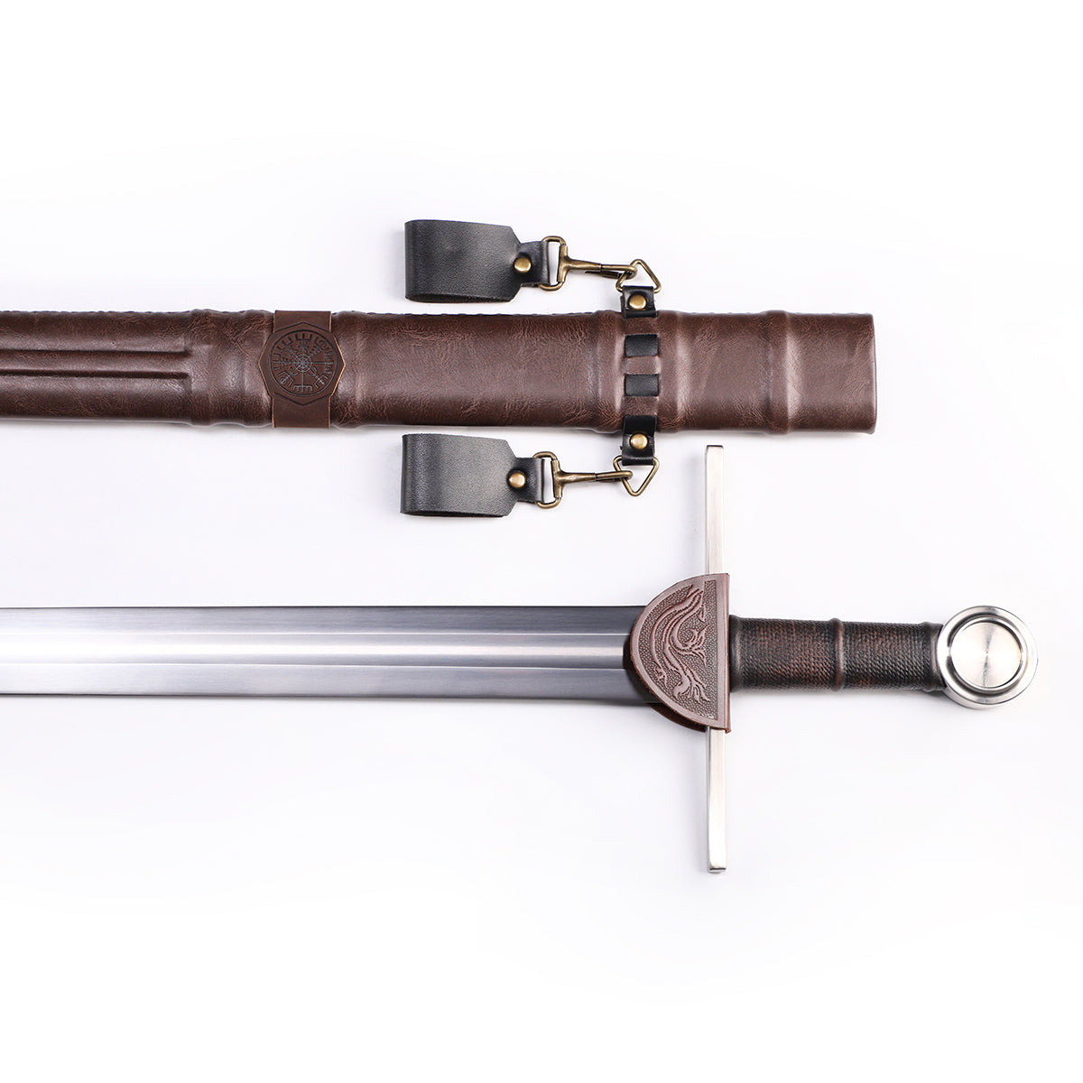 Medieval arming sword grip close-up - leather wrapped handle and pommel detail