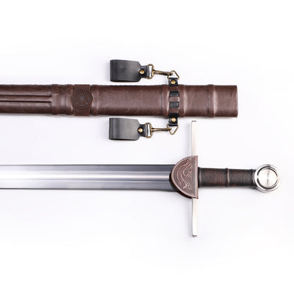 Medieval arming sword grip close-up - leather wrapped handle and pommel detail