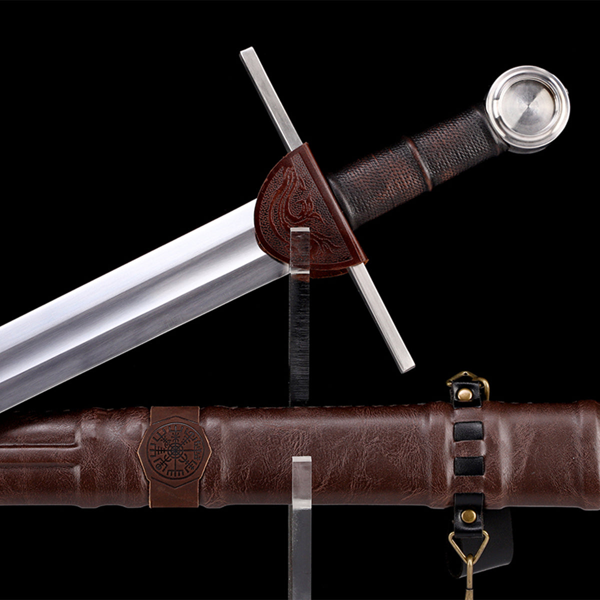 Medieval arming sword fuller groove close-up - blade channel and edge geometry