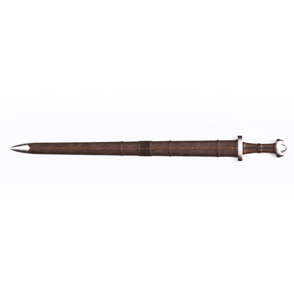 Viking sword scabbard detail - leather wrapped wooden sheath close-up