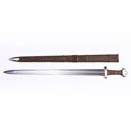 Viking sword with wooden scabbard - full battle ready set view