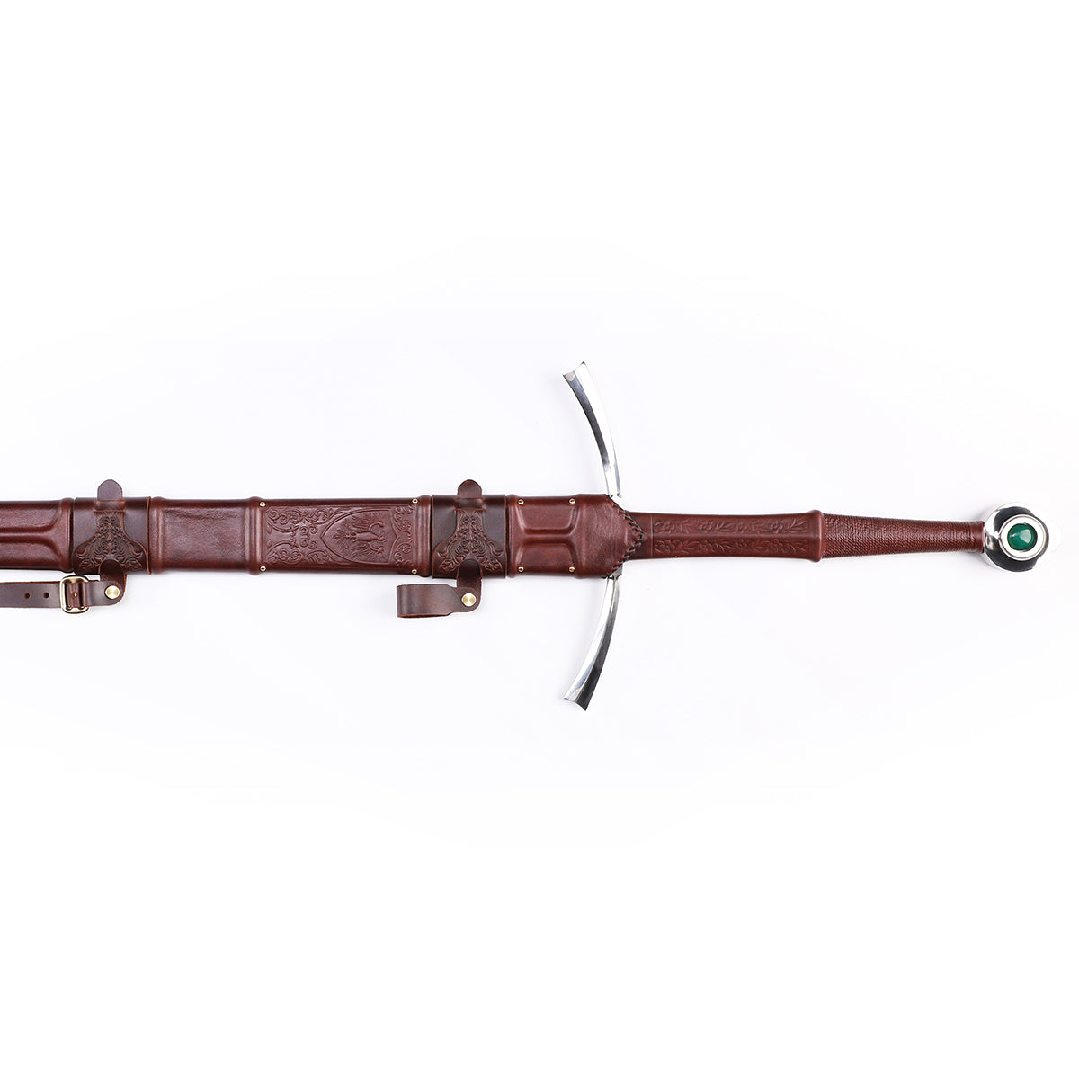 Medieval longsword scabbard detail - leather sheath stitching close-up