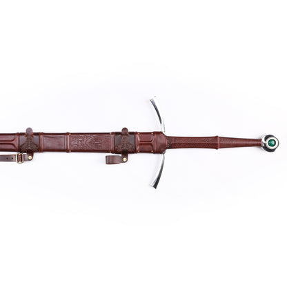 Medieval longsword scabbard detail - leather sheath stitching close-up