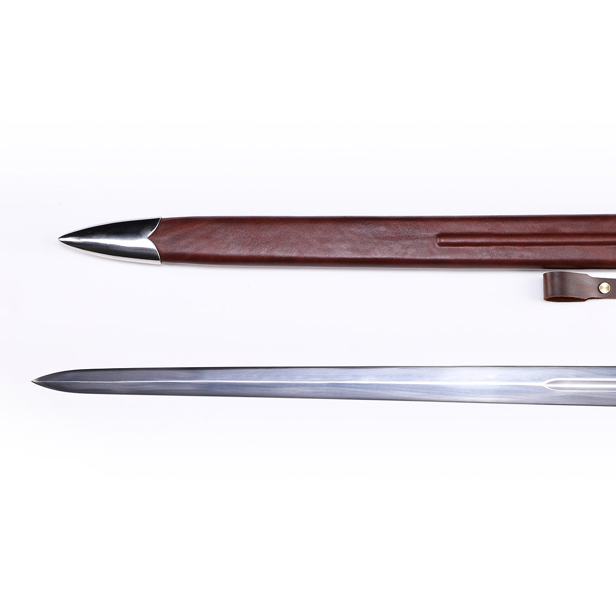 Medieval longsword blade tip detail - precision forged 52 inch double-edged point