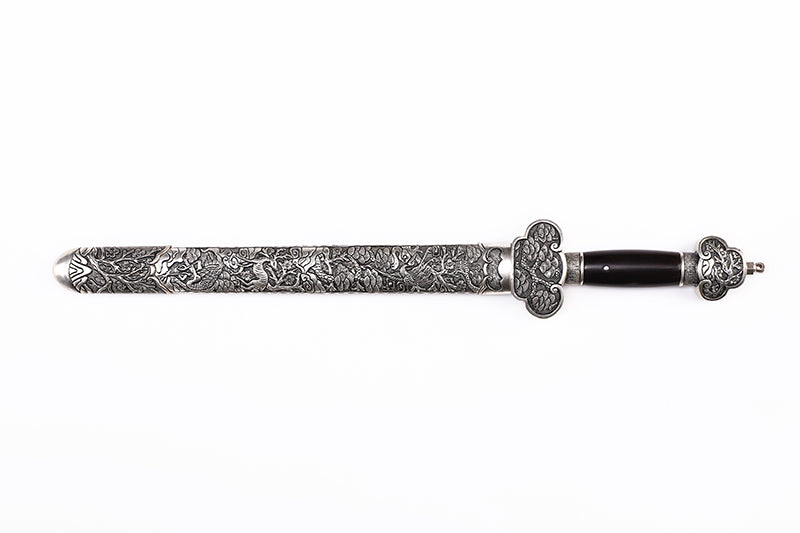 Antique Dragon Engraved Blade, Full Silver Plated Copper Scabbard Ebony Handle Dagger