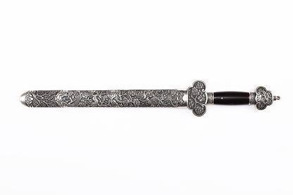 Antique Dragon Engraved Blade, Full Silver Plated Copper Scabbard Ebony Handle Dagger