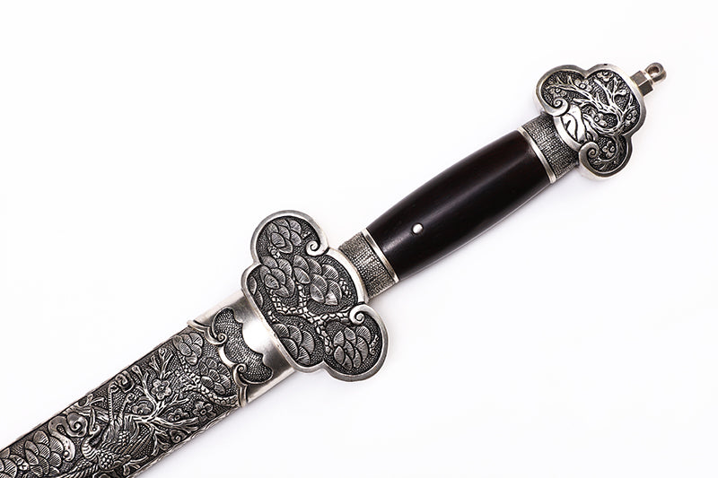 Antique Dragon Engraved Blade, Full Silver Plated Copper Scabbard Ebony Handle Dagger