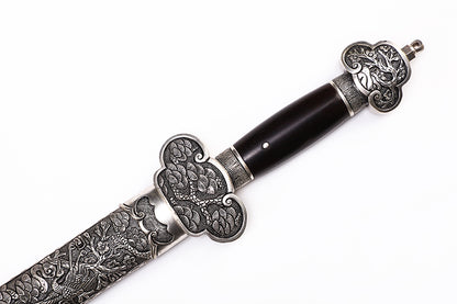 Antique Dragon Engraved Blade, Full Silver Plated Copper Scabbard Ebony Handle Dagger