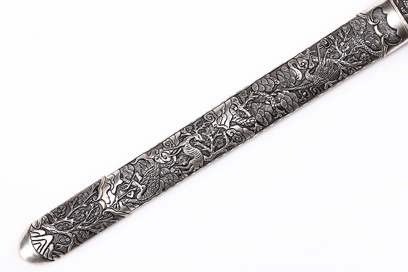 Antique Dragon Engraved Blade, Full Silver Plated Copper Scabbard Ebony Handle Dagger