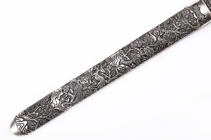 Antique Dragon Engraved Blade, Full Silver Plated Copper Scabbard Ebony Handle Dagger