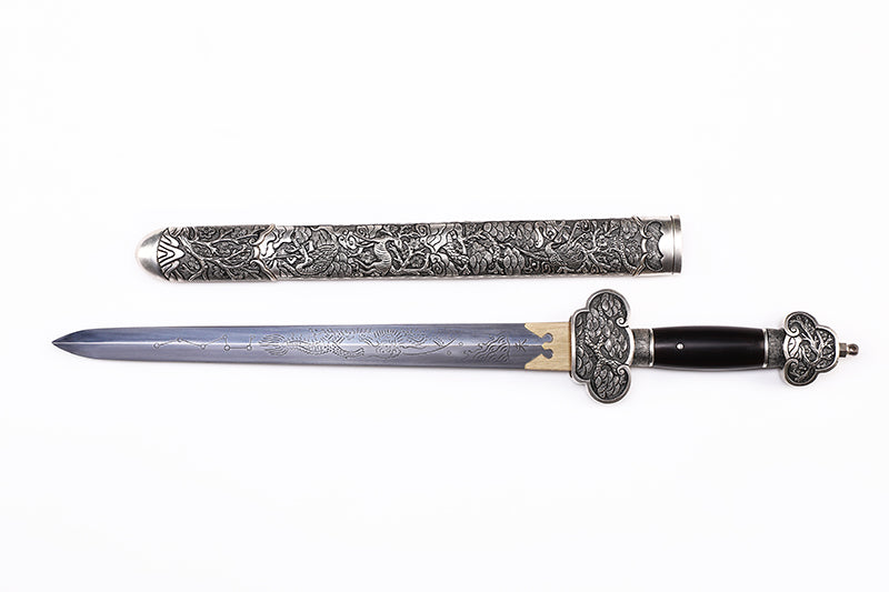 Antique Dragon Engraved Blade, Full Silver Plated Copper Scabbard Ebony Handle Dagger