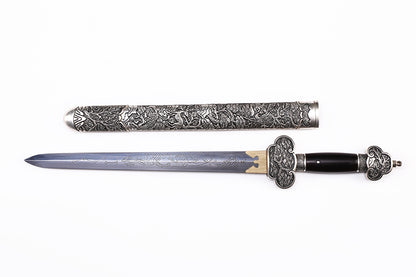 Antique Dragon Engraved Blade, Full Silver Plated Copper Scabbard Ebony Handle Dagger