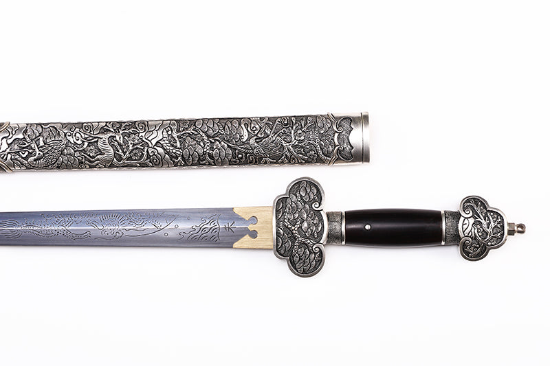 Antique Dragon Engraved Blade, Full Silver Plated Copper Scabbard Ebony Handle Dagger