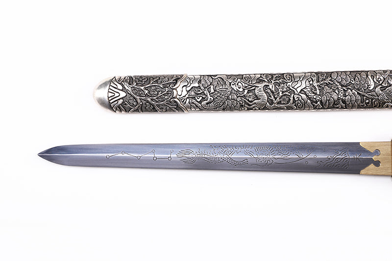 Antique Dragon Engraved Blade, Full Silver Plated Copper Scabbard Ebony Handle Dagger