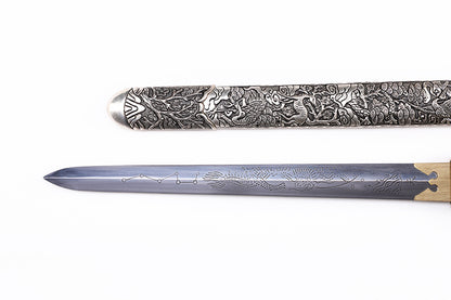 Antique Dragon Engraved Blade, Full Silver Plated Copper Scabbard Ebony Handle Dagger