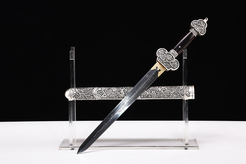 Antique Dragon Engraved Blade, Full Silver Plated Copper Scabbard Ebony Handle Dagger