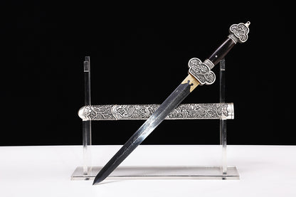 Antique Dragon Engraved Blade, Full Silver Plated Copper Scabbard Ebony Handle Dagger