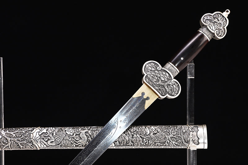 Antique Dragon Engraved Blade, Full Silver Plated Copper Scabbard Ebony Handle Dagger
