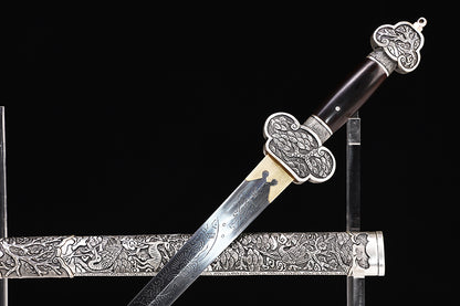 Antique Dragon Engraved Blade, Full Silver Plated Copper Scabbard Ebony Handle Dagger