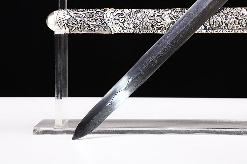 Antique Dragon Engraved Blade, Full Silver Plated Copper Scabbard Ebony Handle Dagger