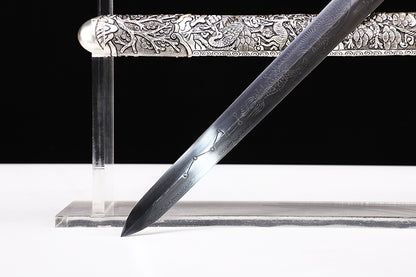 Antique Dragon Engraved Blade, Full Silver Plated Copper Scabbard Ebony Handle Dagger