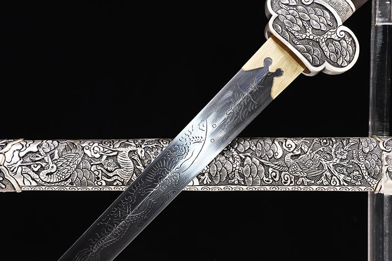 Antique Dragon Engraved Blade, Full Silver Plated Copper Scabbard Ebony Handle Dagger
