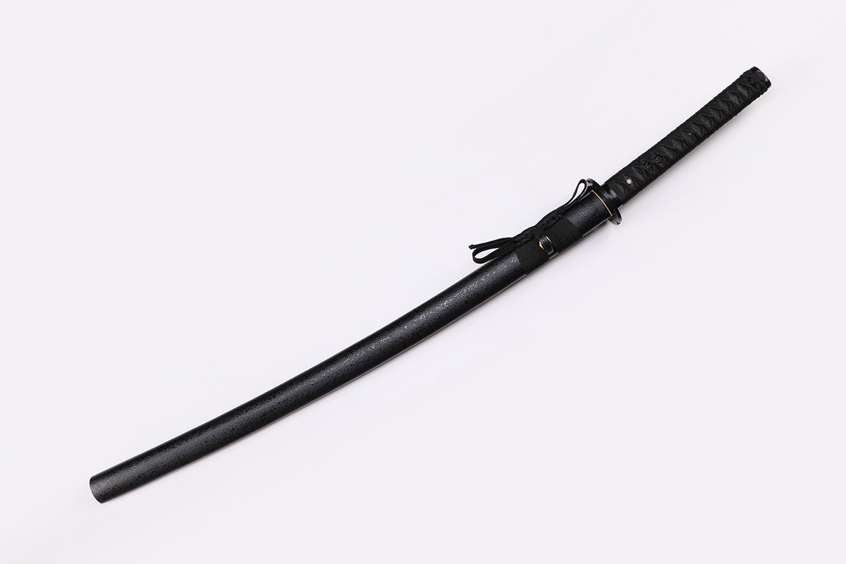 Black Musashi Katana with black saya scabbard - full set view