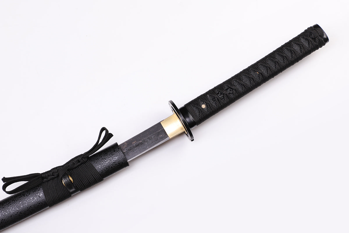 Black Musashi Katana handle close-up - black tsuka wrap tactical design