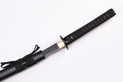 Black Musashi Katana handle close-up - black tsuka wrap tactical design
