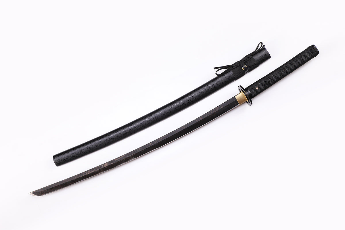 Black Musashi Katana angled view - blade curvature and all black finish