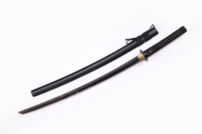 Black Musashi Katana angled view - blade curvature and all black finish