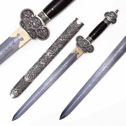 Antique Dragon Engraved Blade, Full Silver Plated Copper Scabbard Ebony Handle Dagger