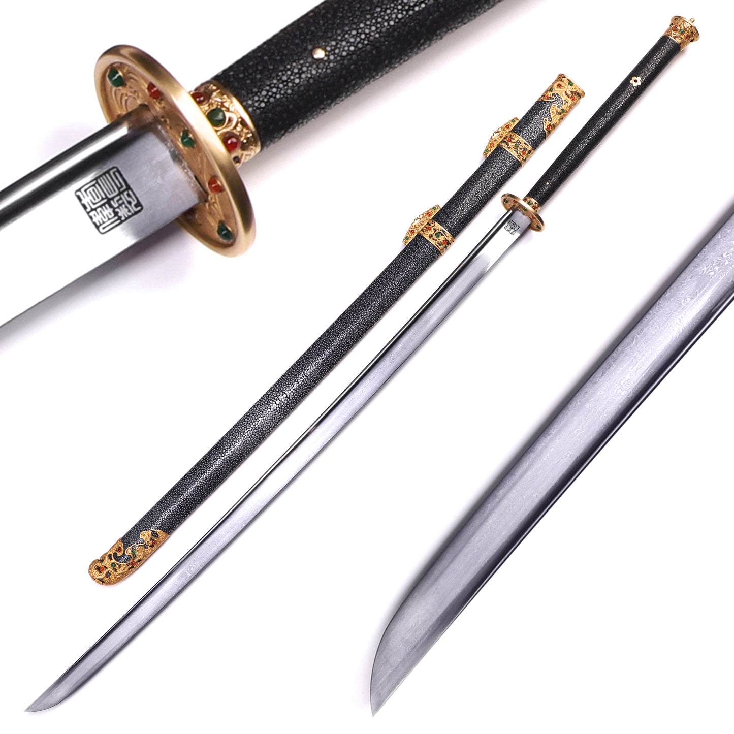 Full Wrapped Black Ray Skin Hollow Gilded Dragon Gem Inlaid Brass Fittings Sword