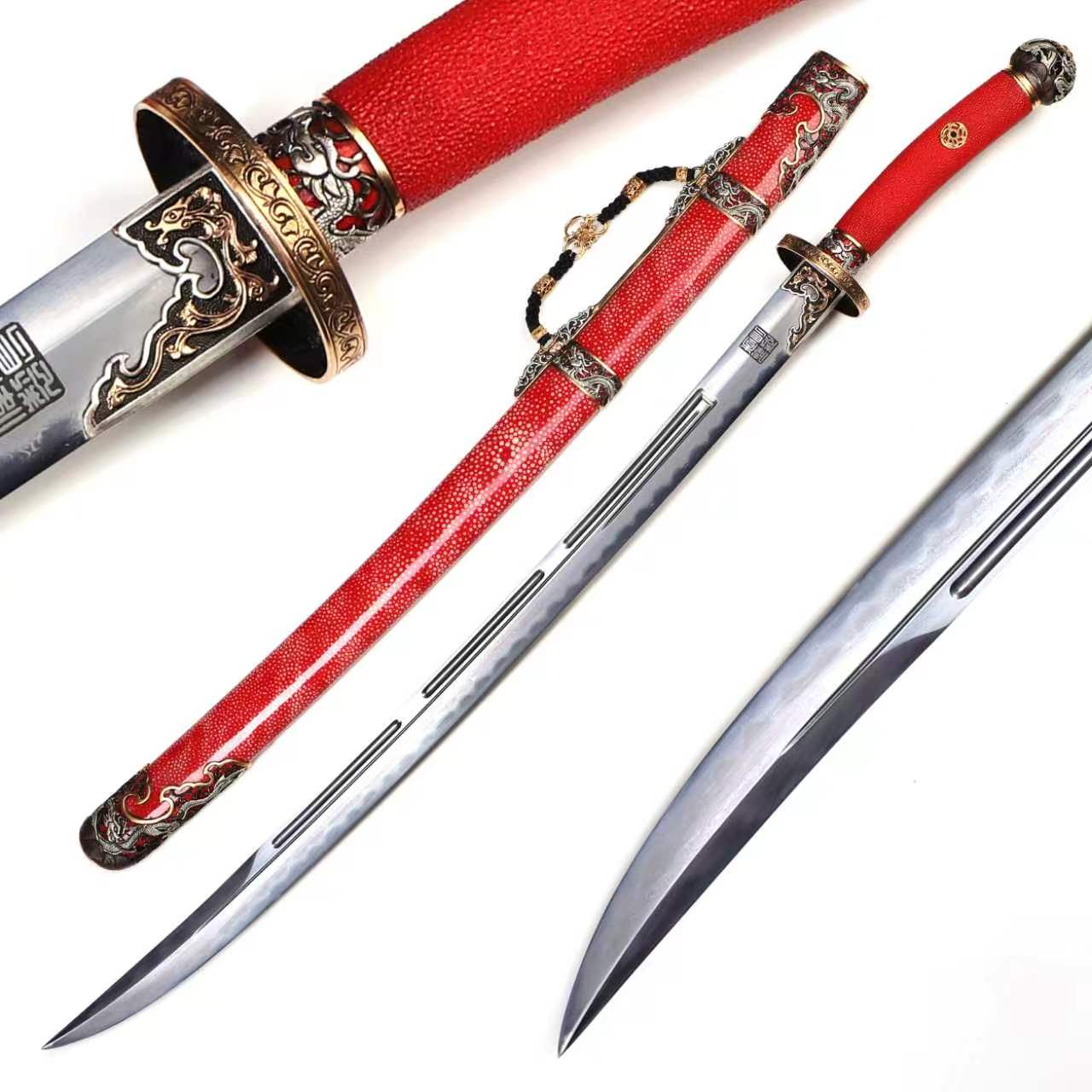 Bright Red Genuine Ray Skin Gold Silver Plated Relief Brass Sword
